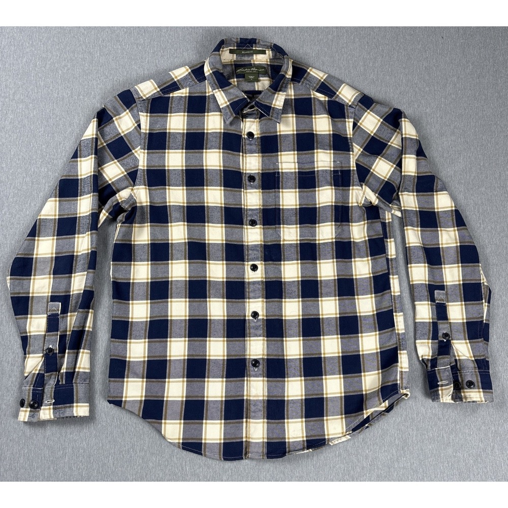 Eddie Bauer Button Up Shirt Large Relaxed Fit Blue Plaid Flannel‎ Mens